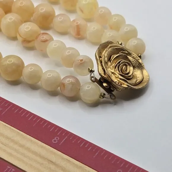 Vintage 2 Strand Choker Necklace Honey Yellow Lucite Beads Gold-Tone Rose Clasp - Picture 10 of 10